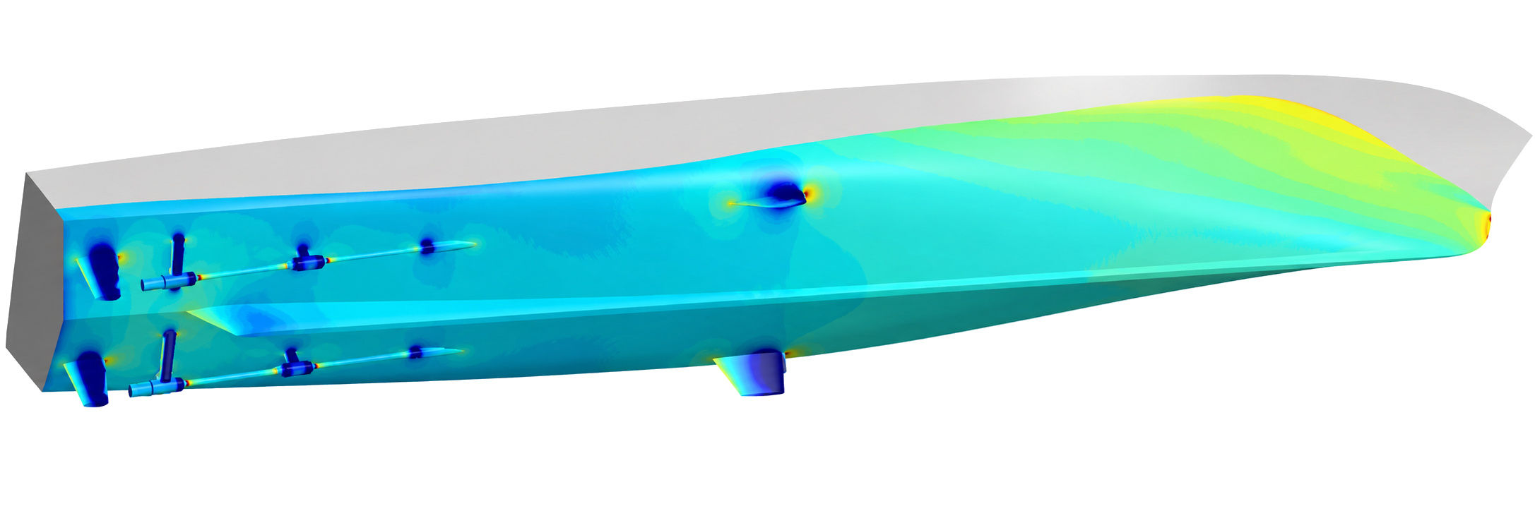 Hull-surface pressure coefficient on the patrol vessel at 27 knots.