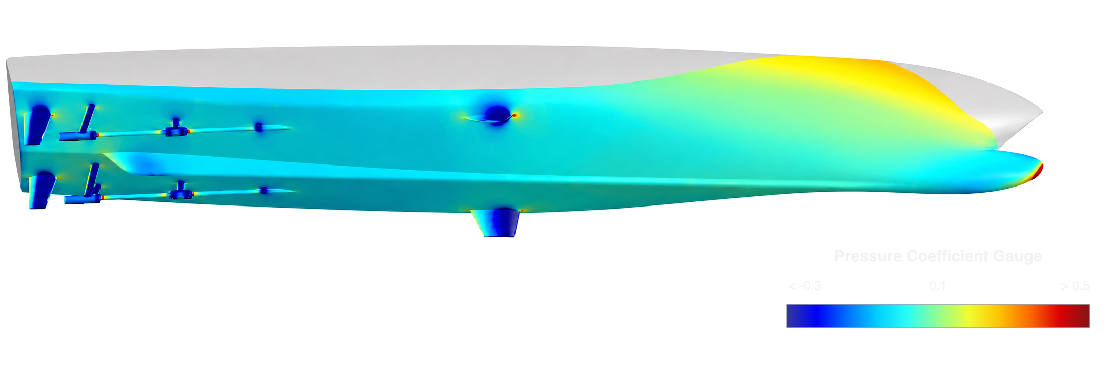 Hull-surface pressure coefficient on the optimized patrol vessel nabla-type bulbous-bow candidate at 27 knots.