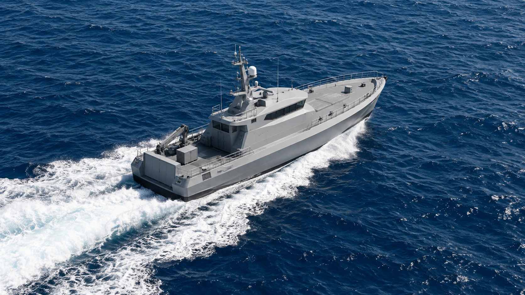 AI-generated illustration of a fictional patrol vessel traveling across deep-blue open water.
