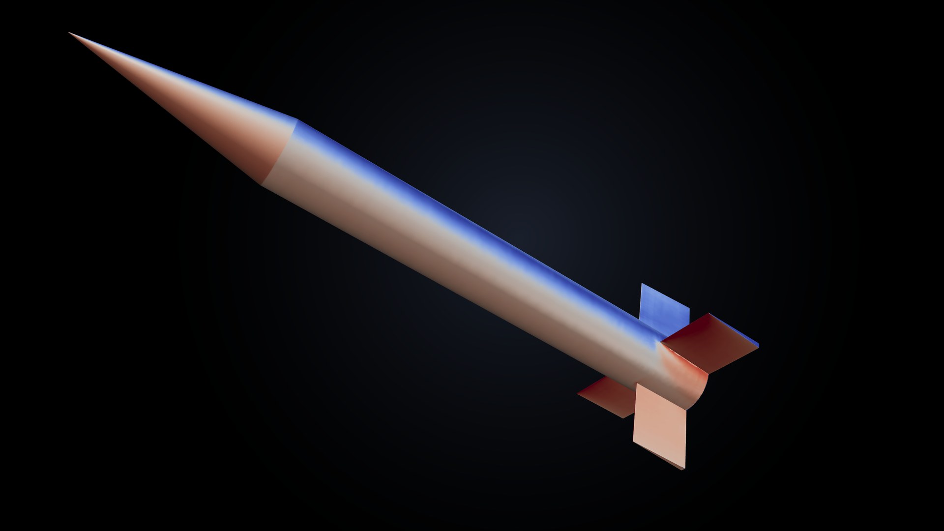 Physics AI prediction of the surface pressure on a finned projectile at Mach 2.5 and 30 degrees angle of attack, with compression in red on the windward side and expansion in blue on the leeward side.