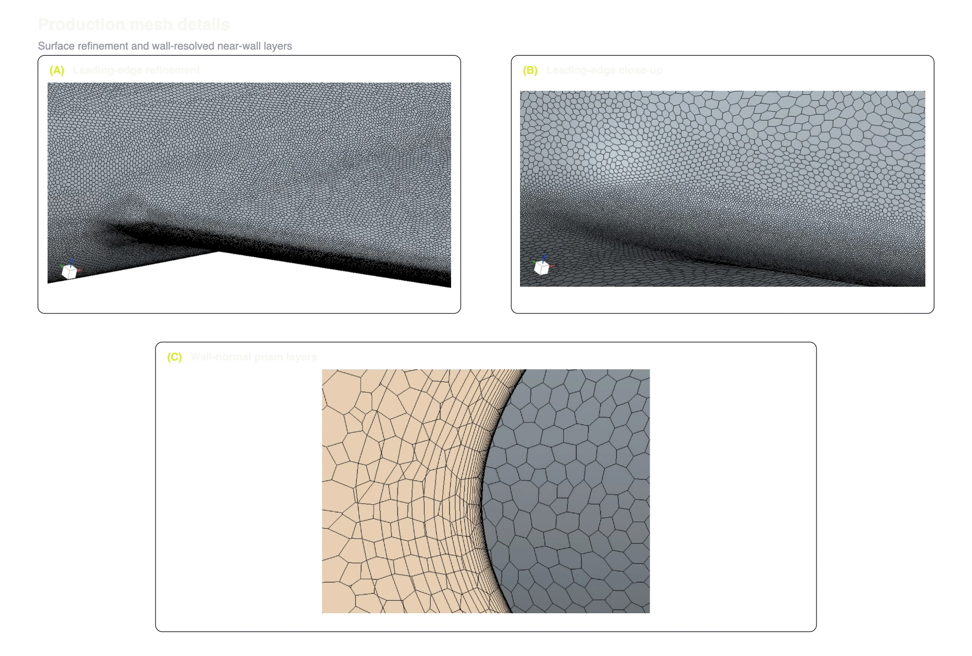 Production mesh details showing leading-edge surface refinement, leading-edge resolution, and wall-normal prism layers.