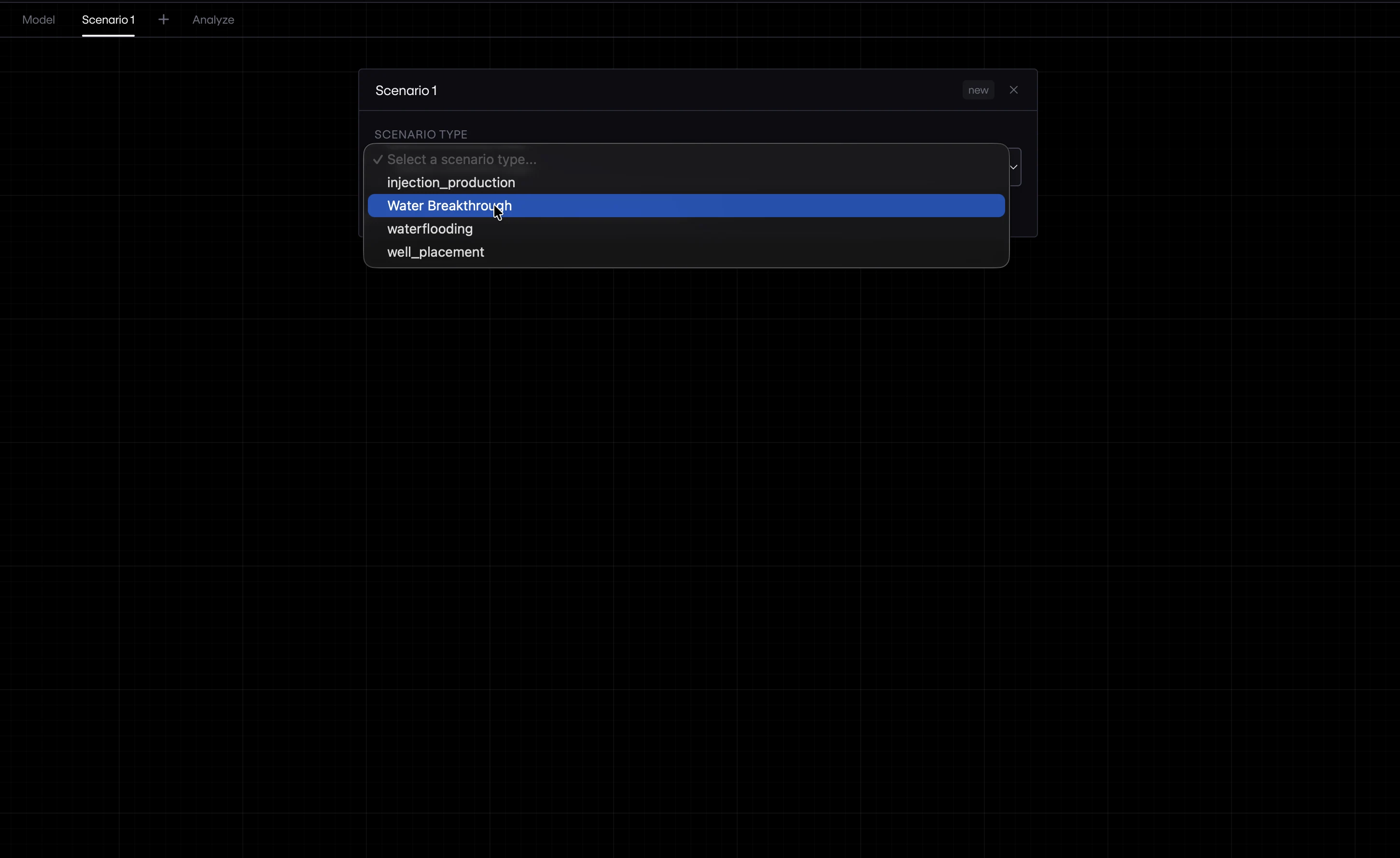 Scenario template menu including injection/production, water breakthrough, waterflooding and well placement.