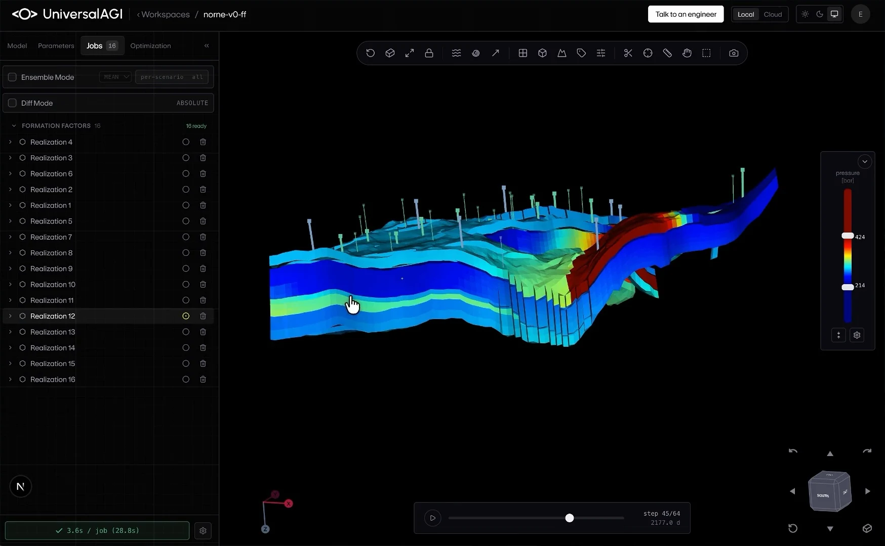 Sixteen ready realizations, a full 3D pressure field, wells and a time control.