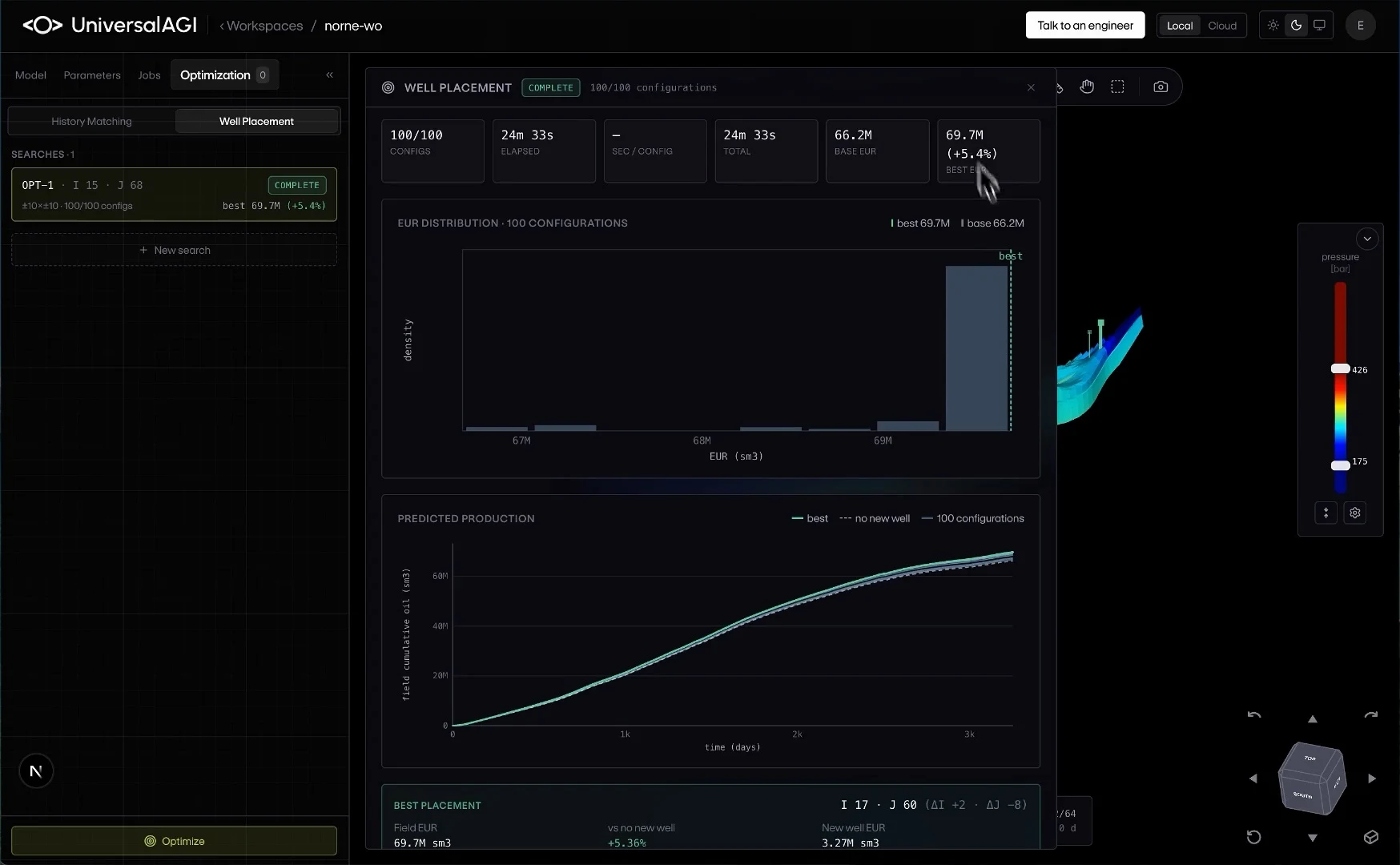 Well-placement results: 100 configurations in 24 minutes 33 seconds, with best predicted field EUR of 69.7 million standard cubic metres against 66.2 million without the new well.