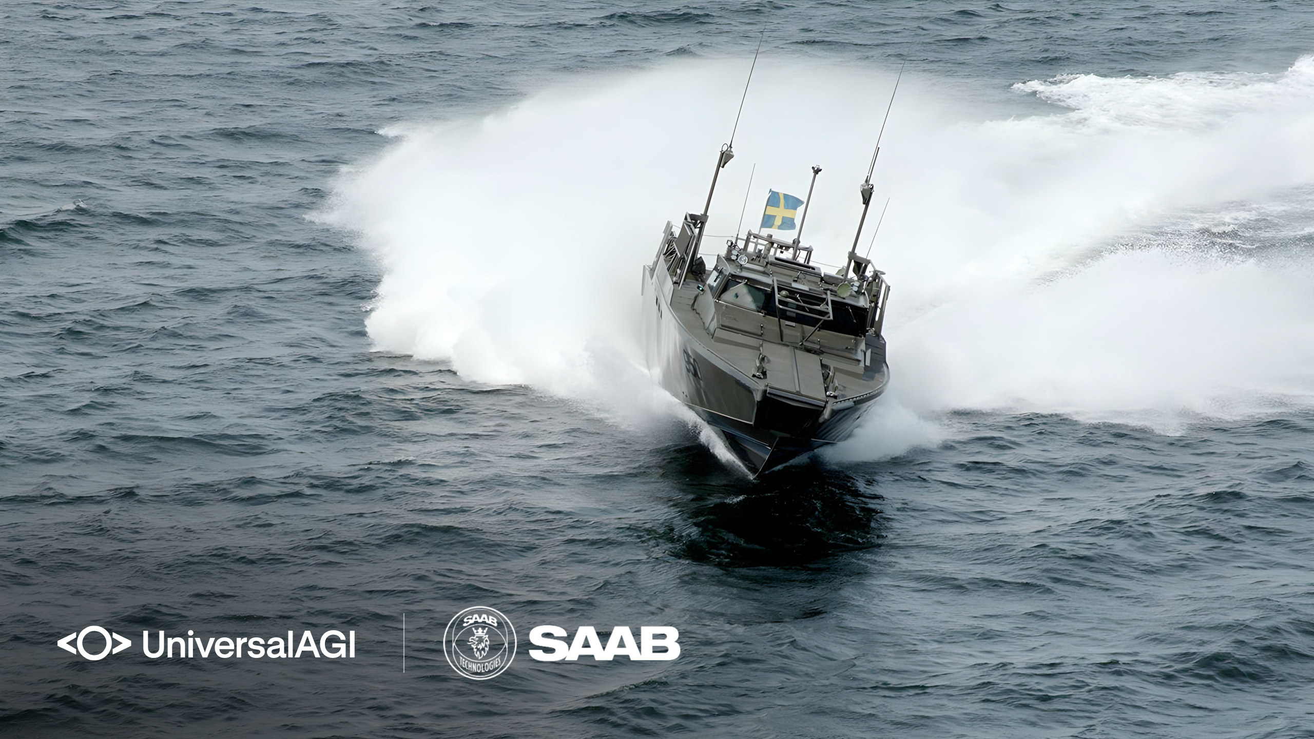 A high-speed naval craft flying the Swedish flag turns through rough water, throwing a wide sheet of spray. The UniversalAGI and Saab logos appear in the lower-left corner.