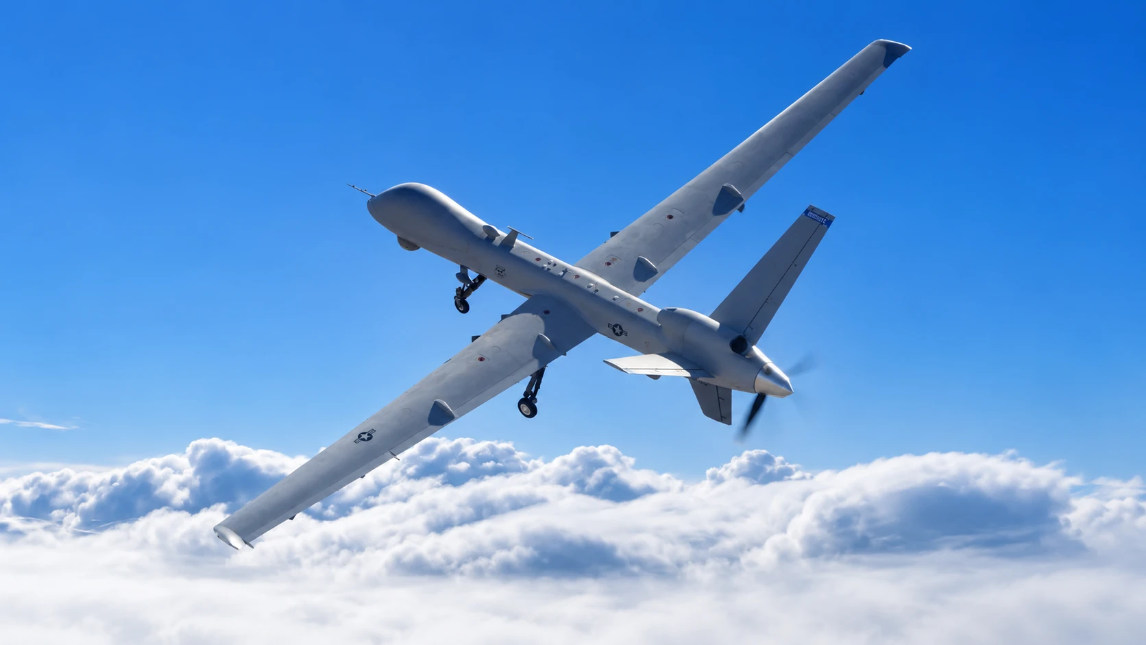AI-assisted composite of a fixed-wing uncrewed aircraft banking above white clouds.
