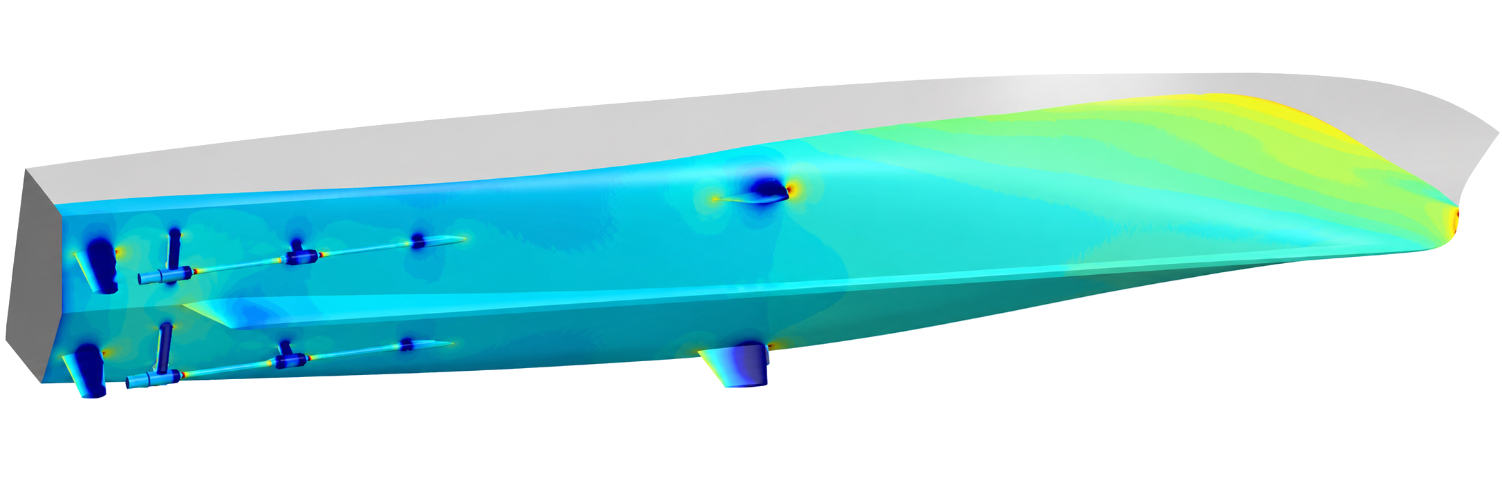 Pressure-coefficient simulation across a patrol vessel hull and its appendages.